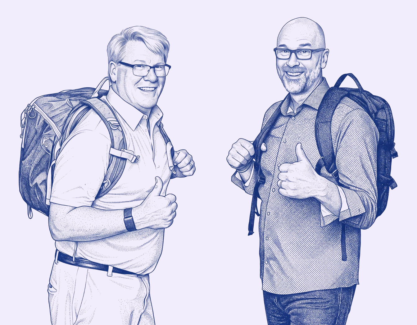 Illustration of Rick Faber and Jesse DePriest carrying backpacks and giving a thumbs-up